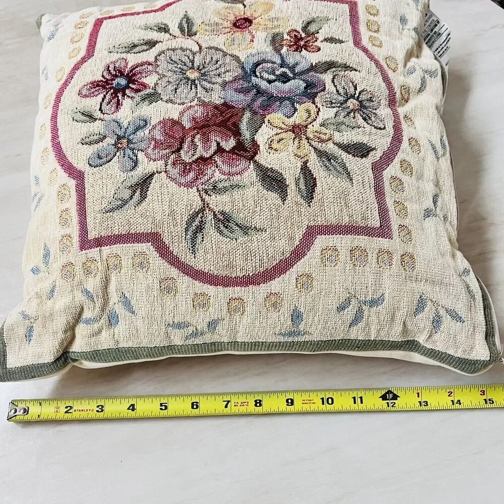 Vintage French Tapestry Floral Cushion CottageCore Needlepoint Made in France15”